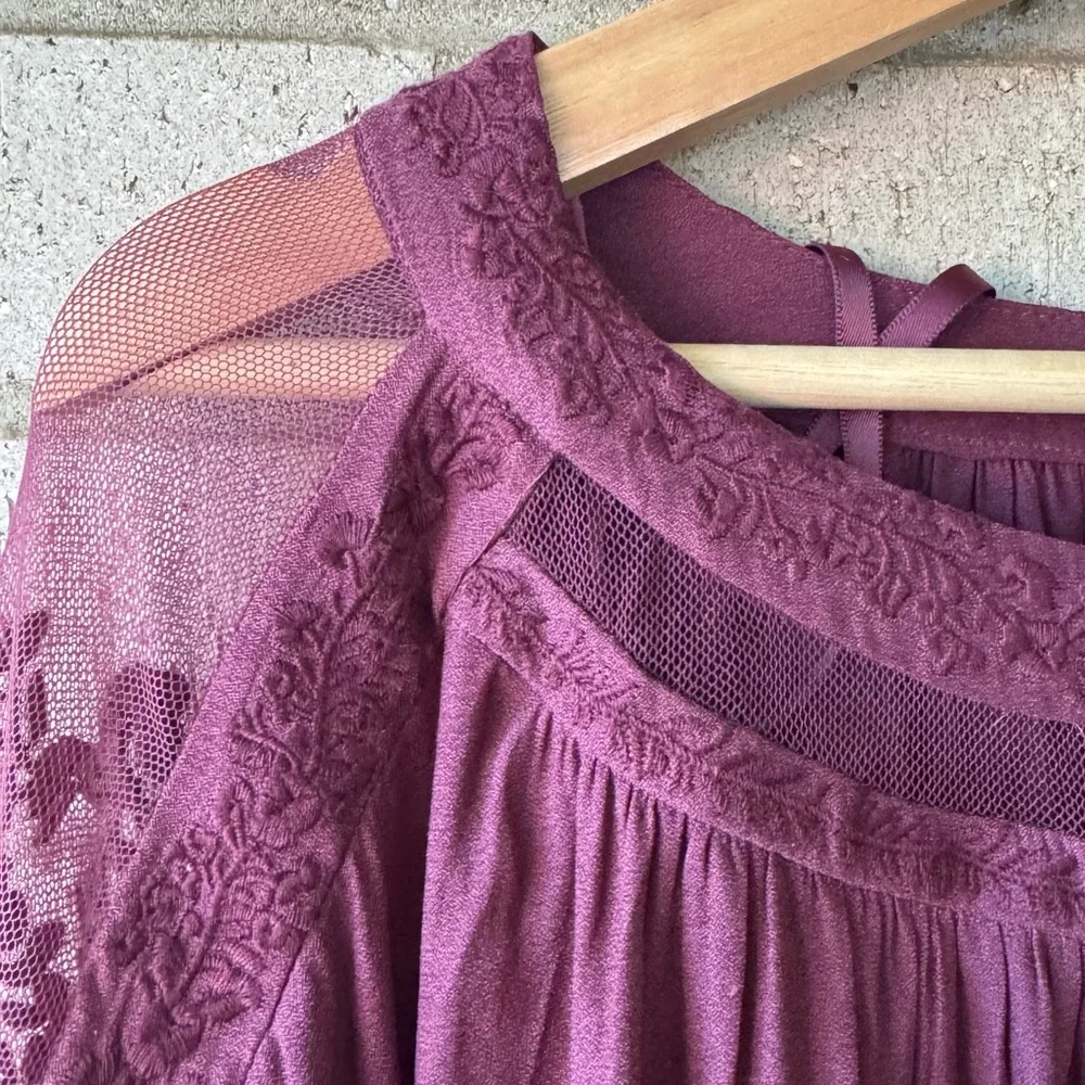 Free People Plum Sheer Lace Boho Embroidered Peasant Blouse | Size S